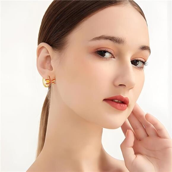 Lovely Bow Hoop Earrings – Red Accent Huggie Hoops, Cute Lightweight Jewelry - Picture 5 of 5